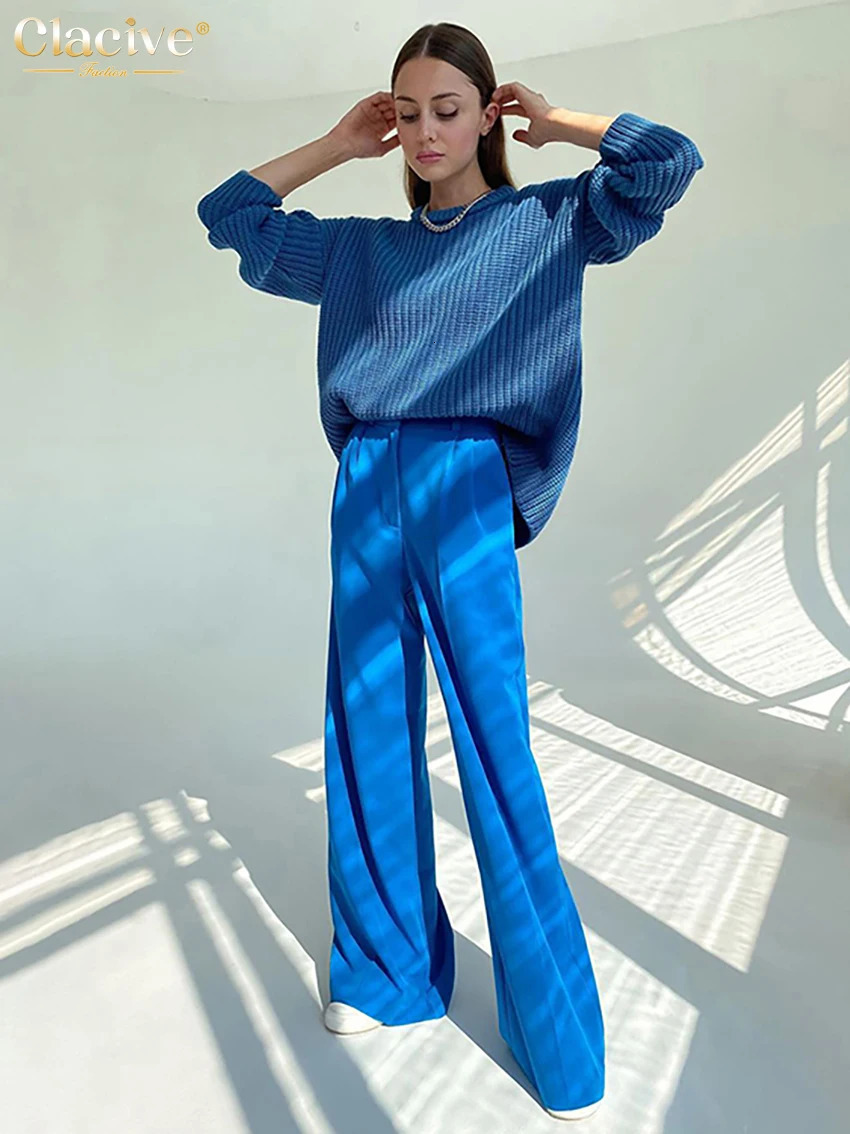 Clacive Blue Office WomenS Pants Fashion Loose Full Length Ladies Trousers Casual High Waist Wide Pants For Women 250616