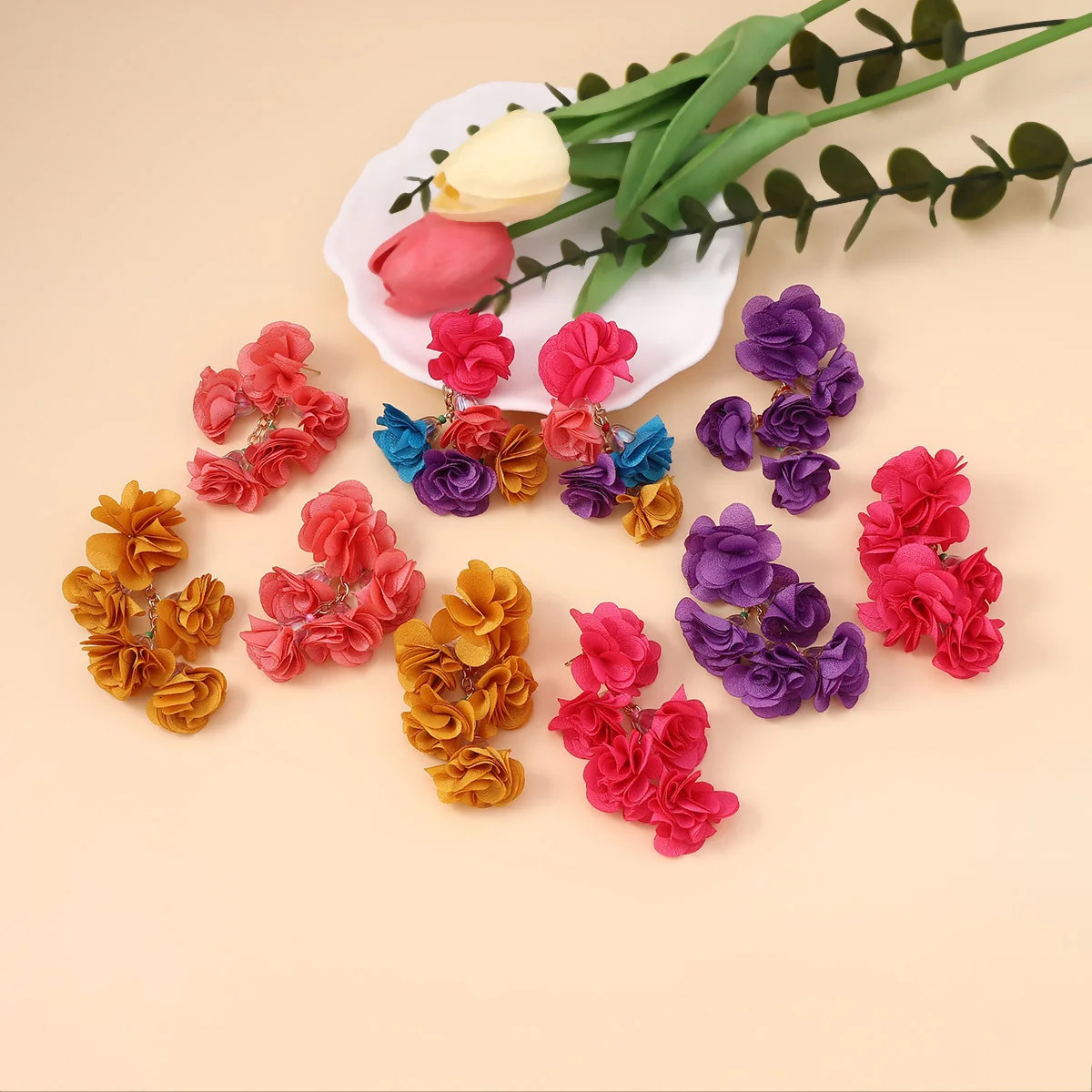 Exaggerated Boho Colorful Cloth Simulation Flowers Tassel Drop DangLe Earrings for Women Floral Eye-catching Statement Jewelry 250610
