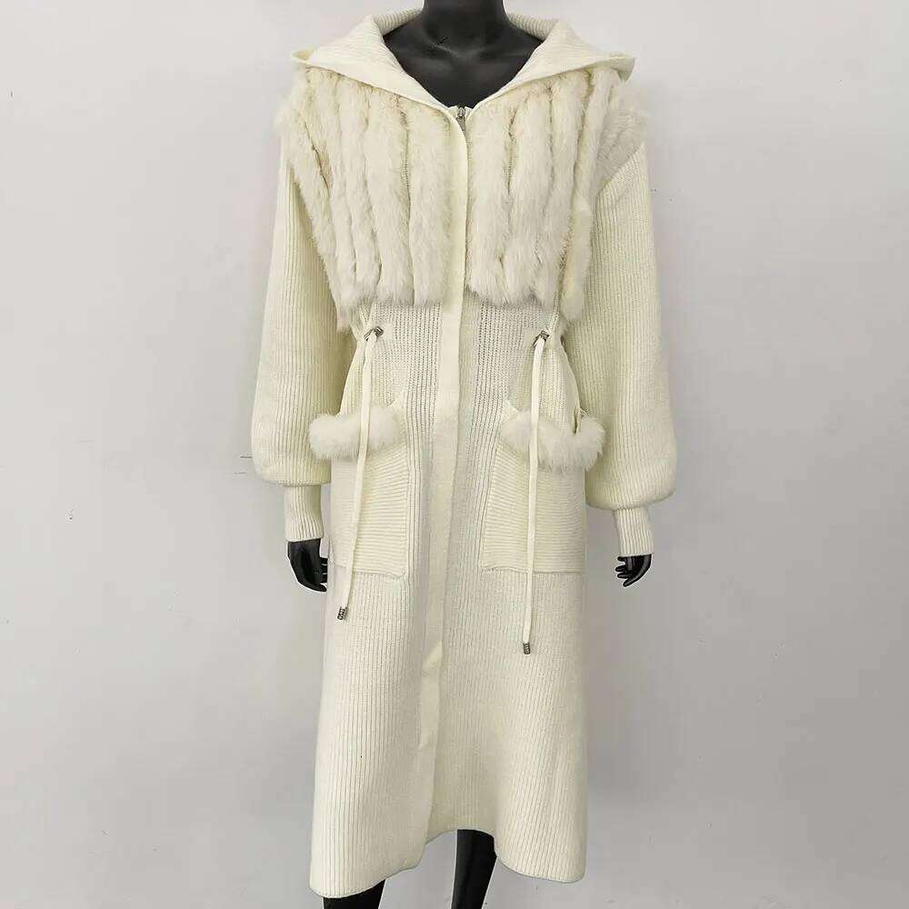 OFTBUY Long Cardigan Women 2025 New Spring Autumn Solid Sweater Lady Real Fox Fur Knitted Coat Fashion Hooded Knitwear Female