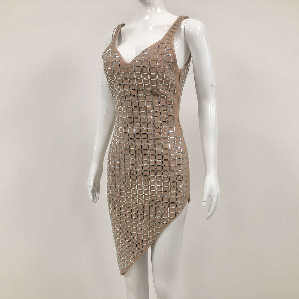 Autumn Winter New Nude Color Deep V High Slit Backless Fashion Sexy Rhinestone Bandage Dress for Women