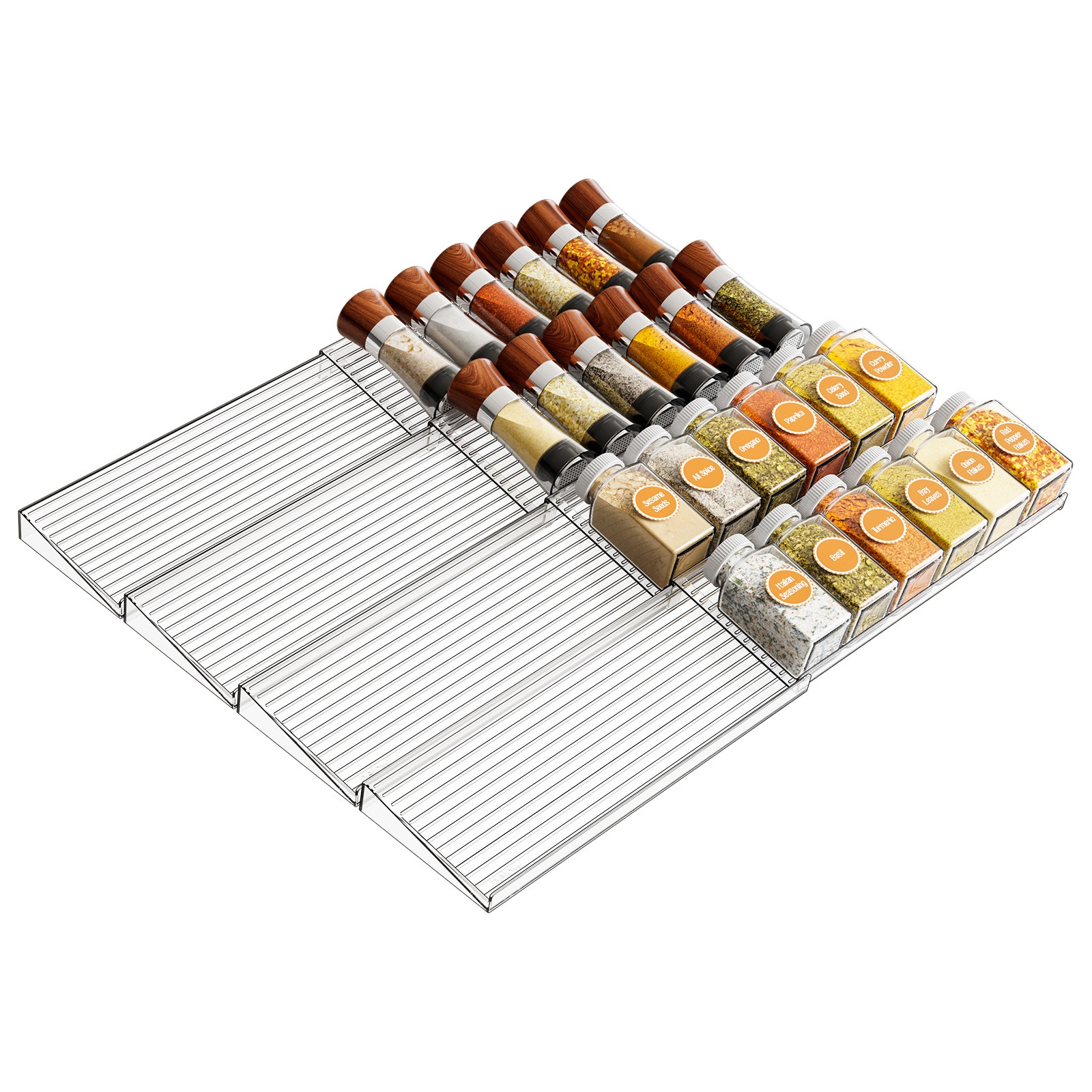 4-Tier Clear Acrylic Spice Drawer Organizer 4-Pack Expandable (11"-22") Rack for Seasoning Bottles Stackable Drawer Insert with Adjustable D