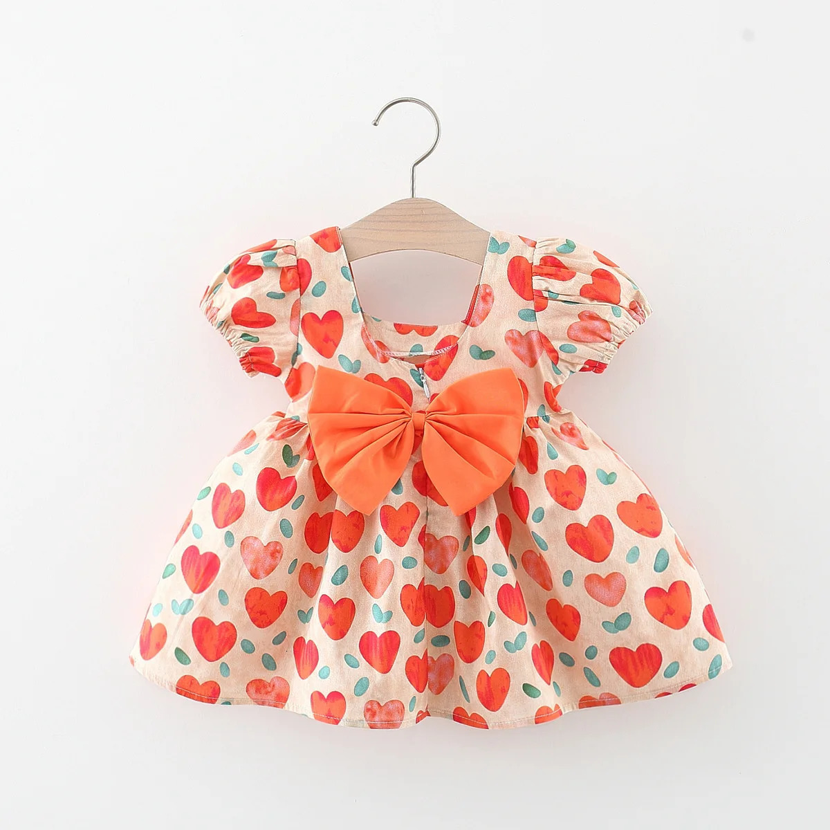 Baby Girl Summer Cotton Love Print Bow Small Square Neck Dress Girl Korean Fashion Bubble Sleeve Party Dress 250617