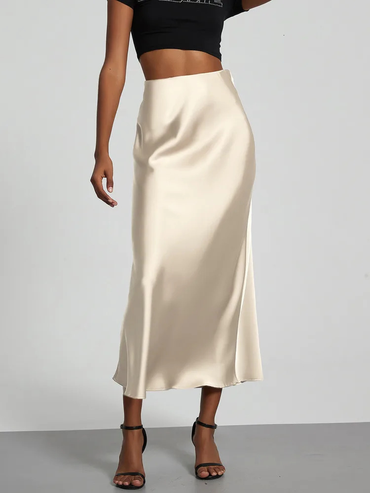21 Colors 2025 Womens Elegant High Waist Satin Long Skirts Female Summer Solid Color Faldas 250614