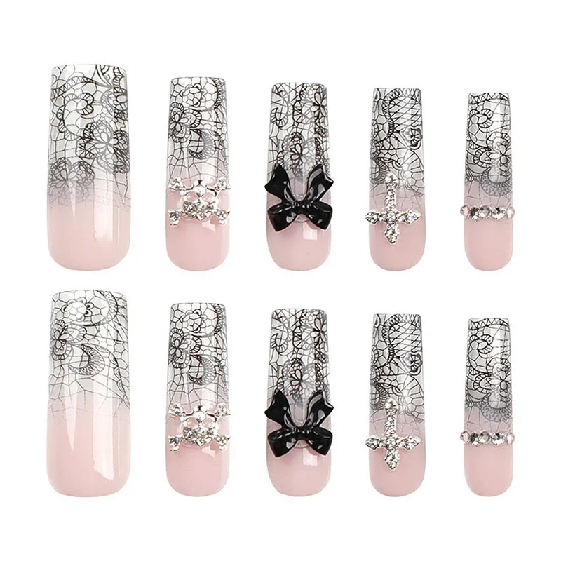24Pcs Black bow False Nails Diamond Cross Long Ladder Sand Pattern Press on Nail Wearable Nail Tip for Women and Girls 250612