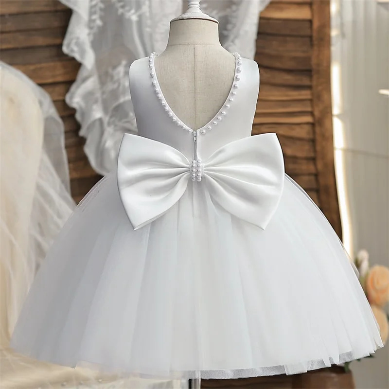 Baby Girl Dress Big Bow Pearls Backless 1st Birthday Party Dress Infant Girl Princess Wedding Tulle Gown Baptism Dress for 1-5Y 250617