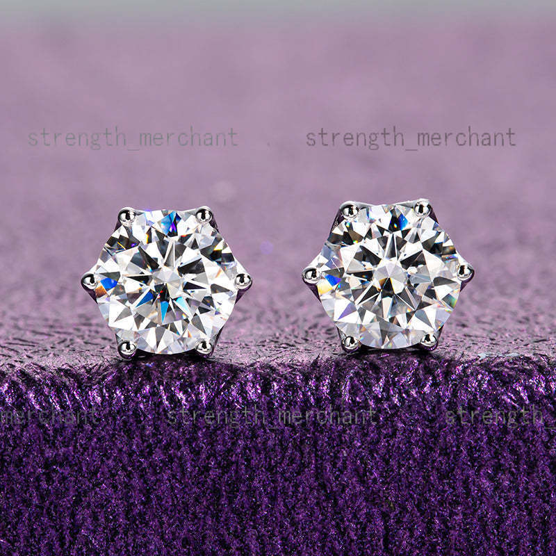6 Prong Set Moissanite Stud Earrings in 925 Sterling Silver - Silver Color