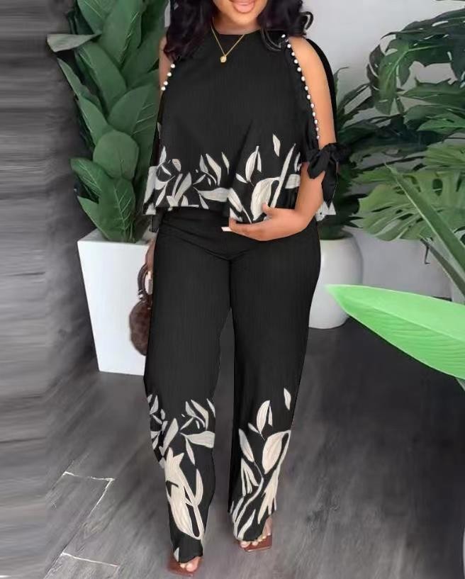 VONDA Womens Fashion Pants Set Summer Cold Shoulder Casual Loose 3/4 Sleeve Top Retro Printed Bohemian Set 241126