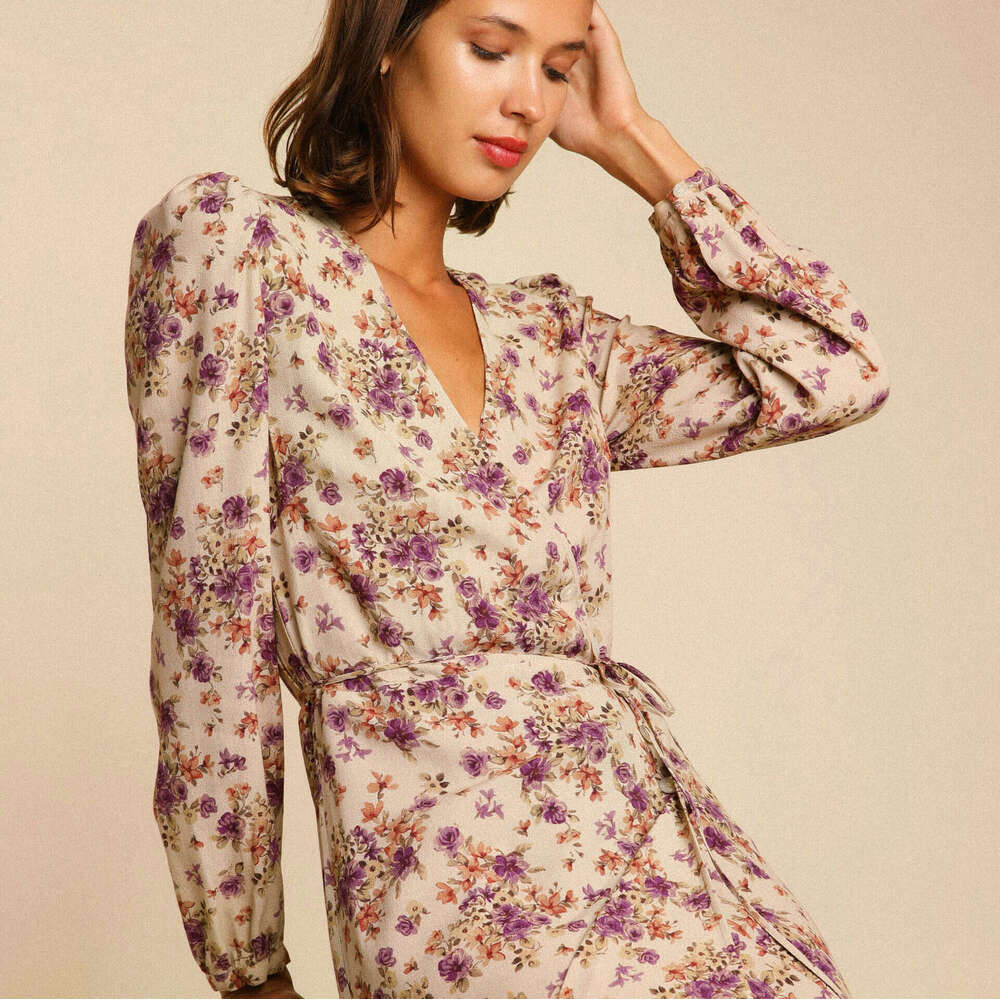 Festival Robe Dress Birthday Dress 515 Autumn New 2025 Printed V-neck Long Sleeve Mid-length French Tea Dress Womens Fashion