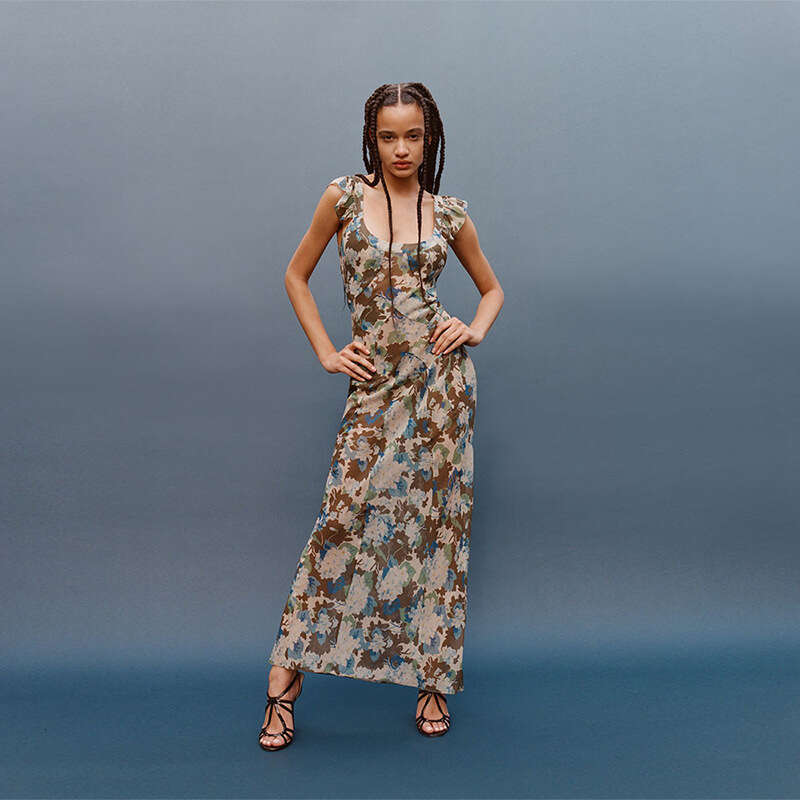 Tender Dress Designer 689#silk Low-cut Round Neck Dress with Ruffles Slim Fit Waist-cinching Printed Vacation Style Sexy and Sheer for Women