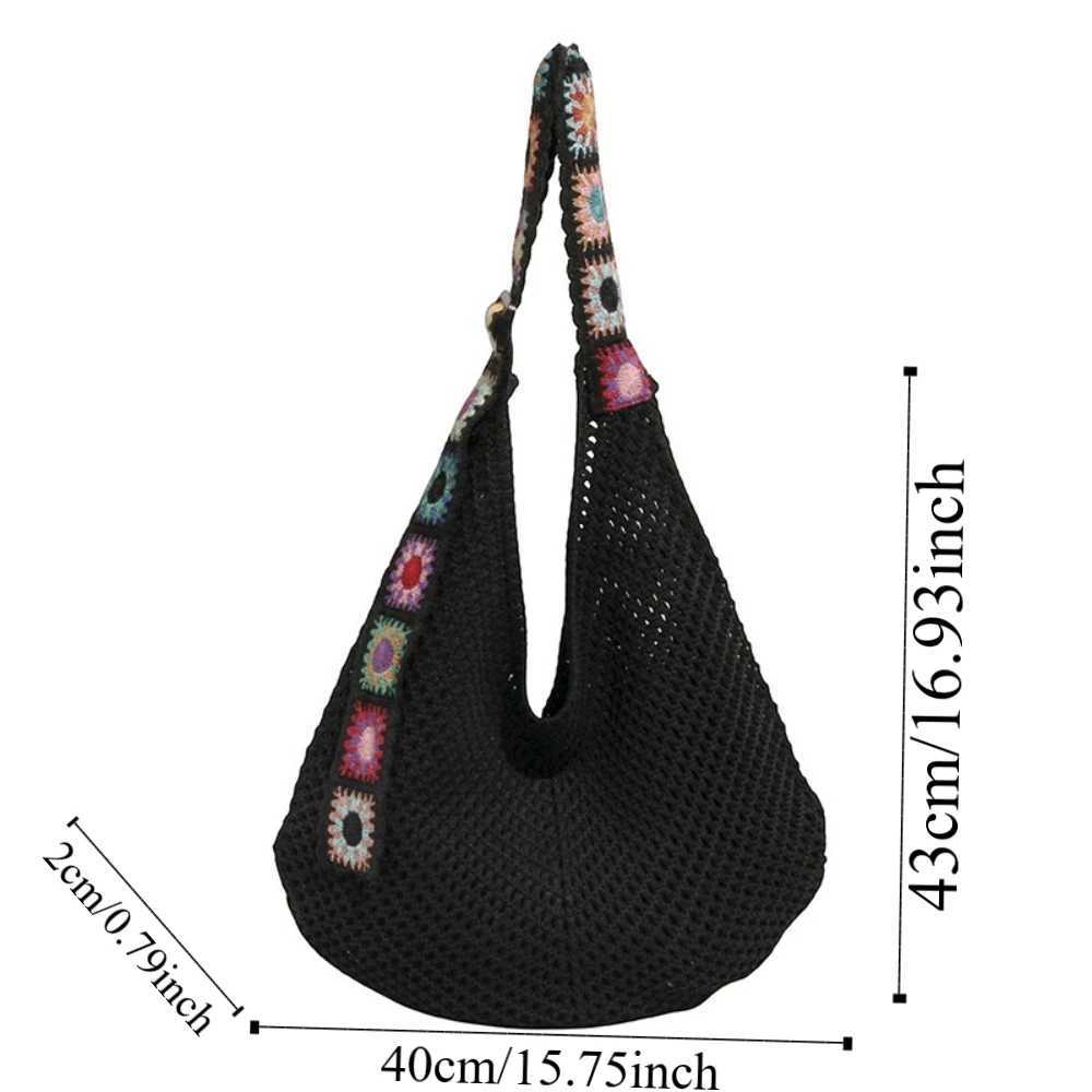 Large Capacity Crochet Tote Bag Ethnic Style Flower Hollow Woven Bag Embroidered Strap Lightweight Knitting Handbag Female Z250617