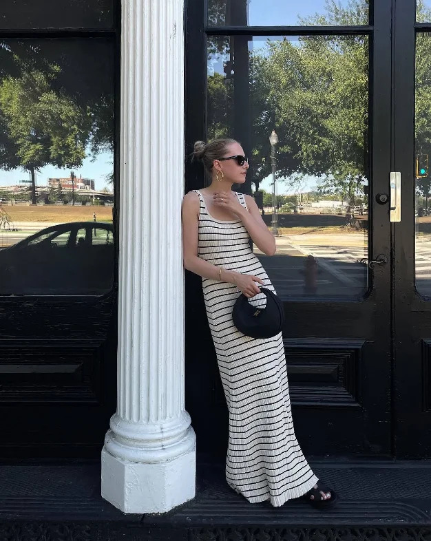 Striped vest color contrast European and American wind beach vacation sexy long skirt knitted pit strip long dress summer girl 250616