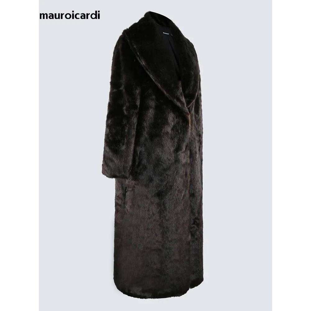 Mauroicardi Winter Extra Long Thick Warm Brown Fluffy Faux Mink Fur Coat Women Shawl Collar Elegant Vintage Overcoat 2025