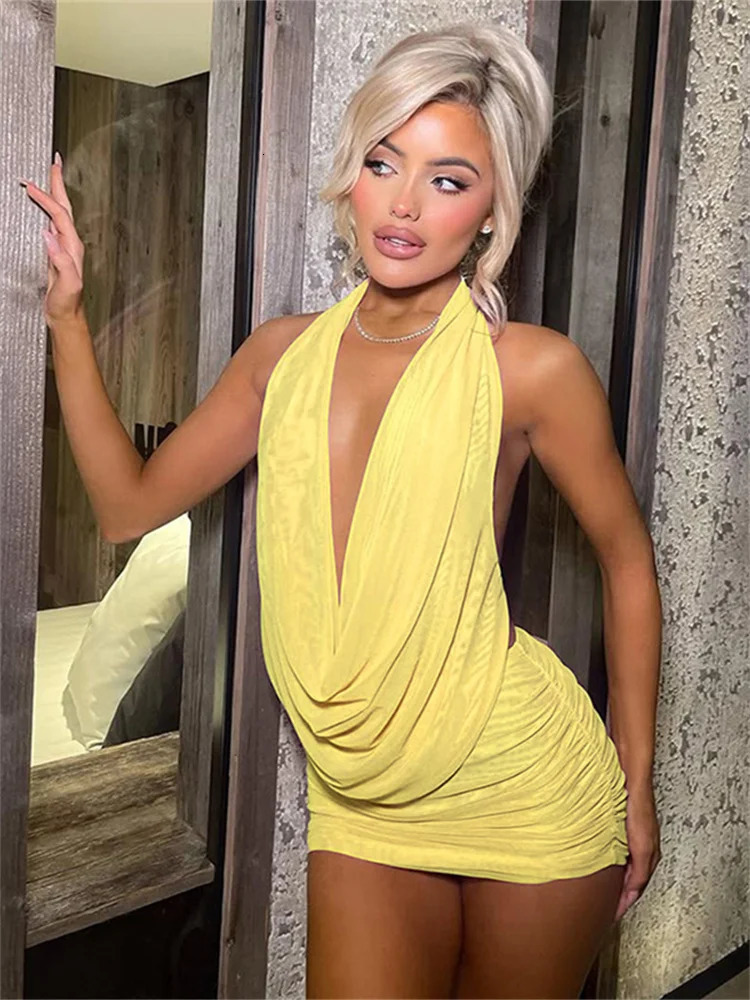 Whatiwear Ruched Elegant 2 Piece Set Women Halter Bandage Backless CamisoleSexy See Through Skirts Midnight Club Party Outfits 250614