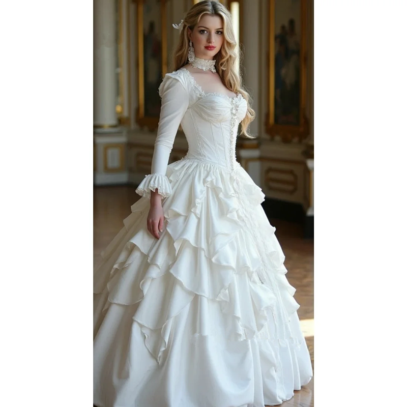 Vintage Victorian Wedding Dress Ruffled Tiered Long Sleeves Medieval Bridal Gown corset lace-up bustle customsized