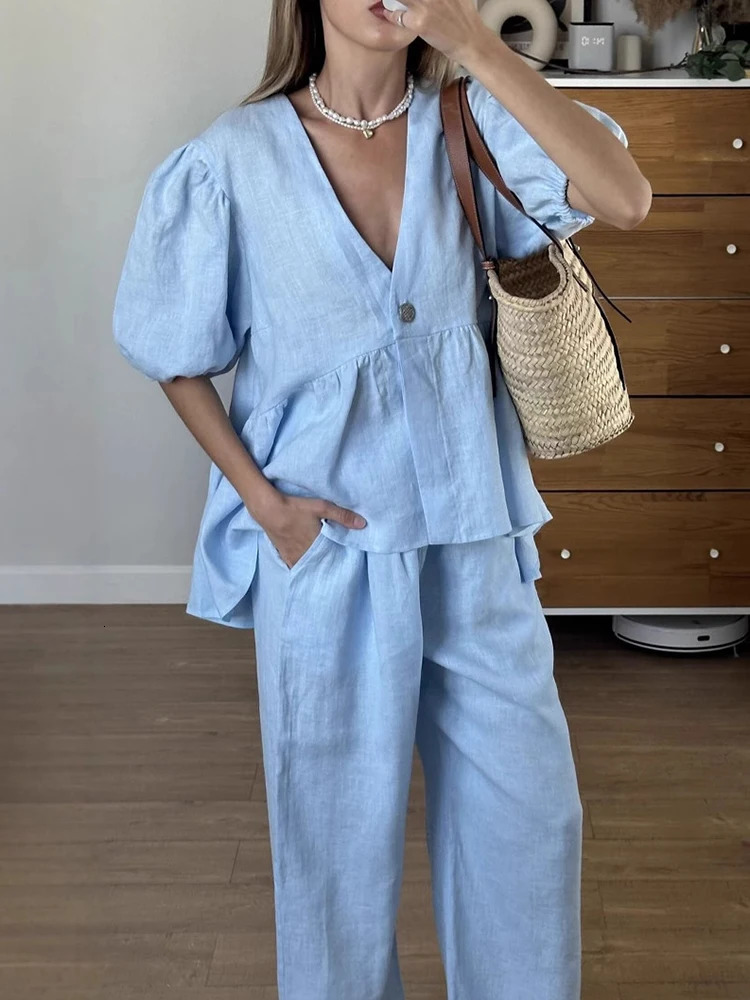 Mumaroho 2025 Women Spring Summer Holiday Pant Set Suits Cotton Solid Outfits V-neck 2 Two Piece Matching Set For Women 250616