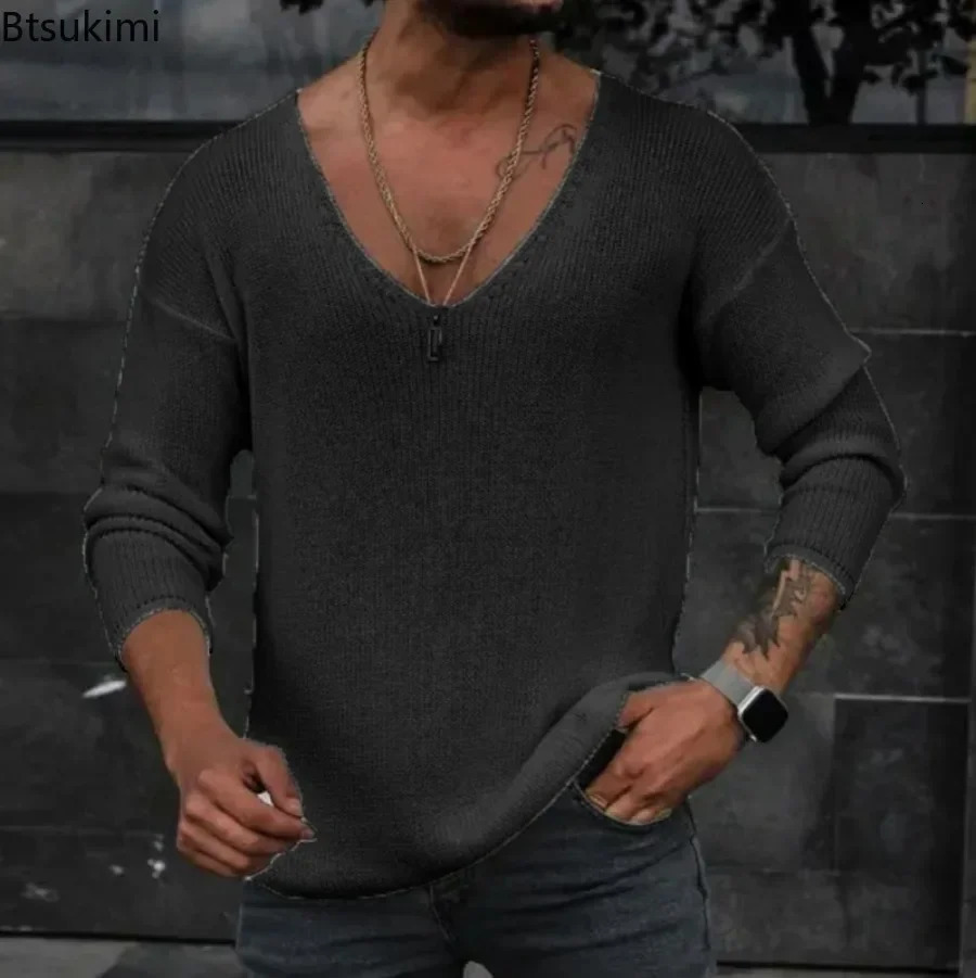 2025 Mens Casual Long Sleeve Knitted Sweaters Tops Solid Fashion Pullover Tops For Men Harajuku V-neck Streetwear Jumper 250616