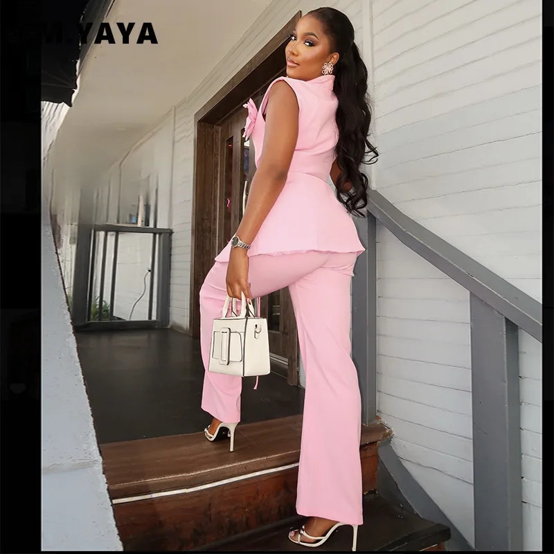 CMYAYA Fashion Womens Set Sleeveless Floral Vneck Blazer Tops and Wide Leg Pants Suit Chic Summer Two 2Piece Sets Outfit 250612