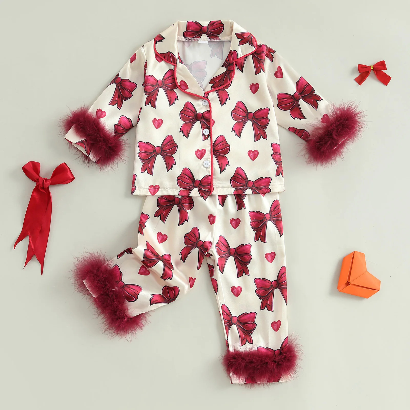 Kid Girl Satin Pajamas Set Bow Print Feather Cuffs Long Sleeve Lapel Button Down Tops with Pants Sleepwear 250617