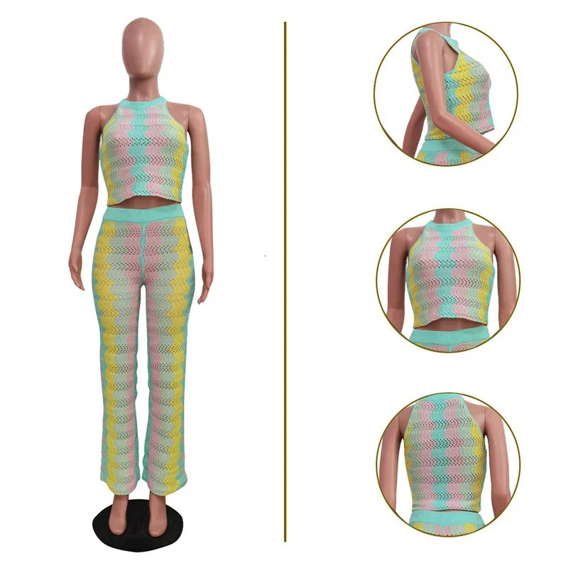 Knitted Striped 2 Piece Sets Women Outfit Summer Beach Vacation Sleeveless Crop Top and Flare Pants Matching Sets Club Party 250616