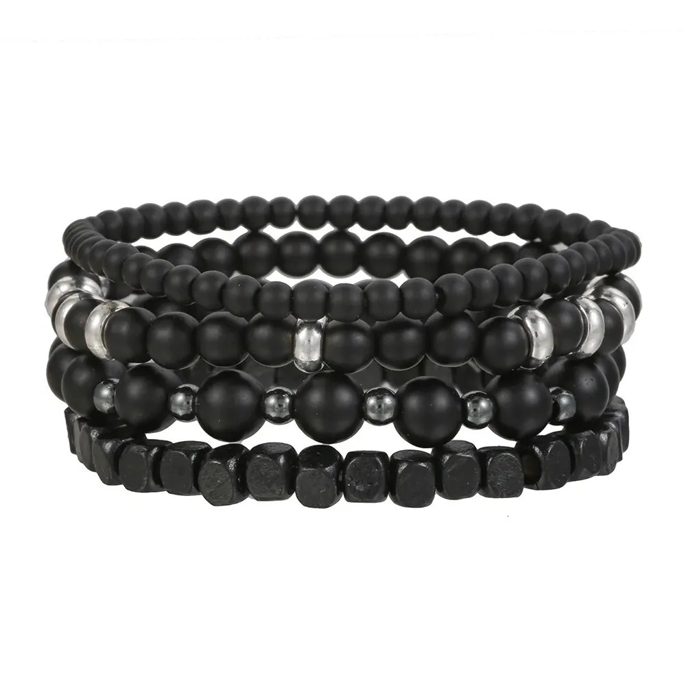 4PcsSet Black Gall Stone Volcanic Stone Wood Beads Multi-layer Mens Combination Elastic Bracelet For Couple Friends Jewelry 250616