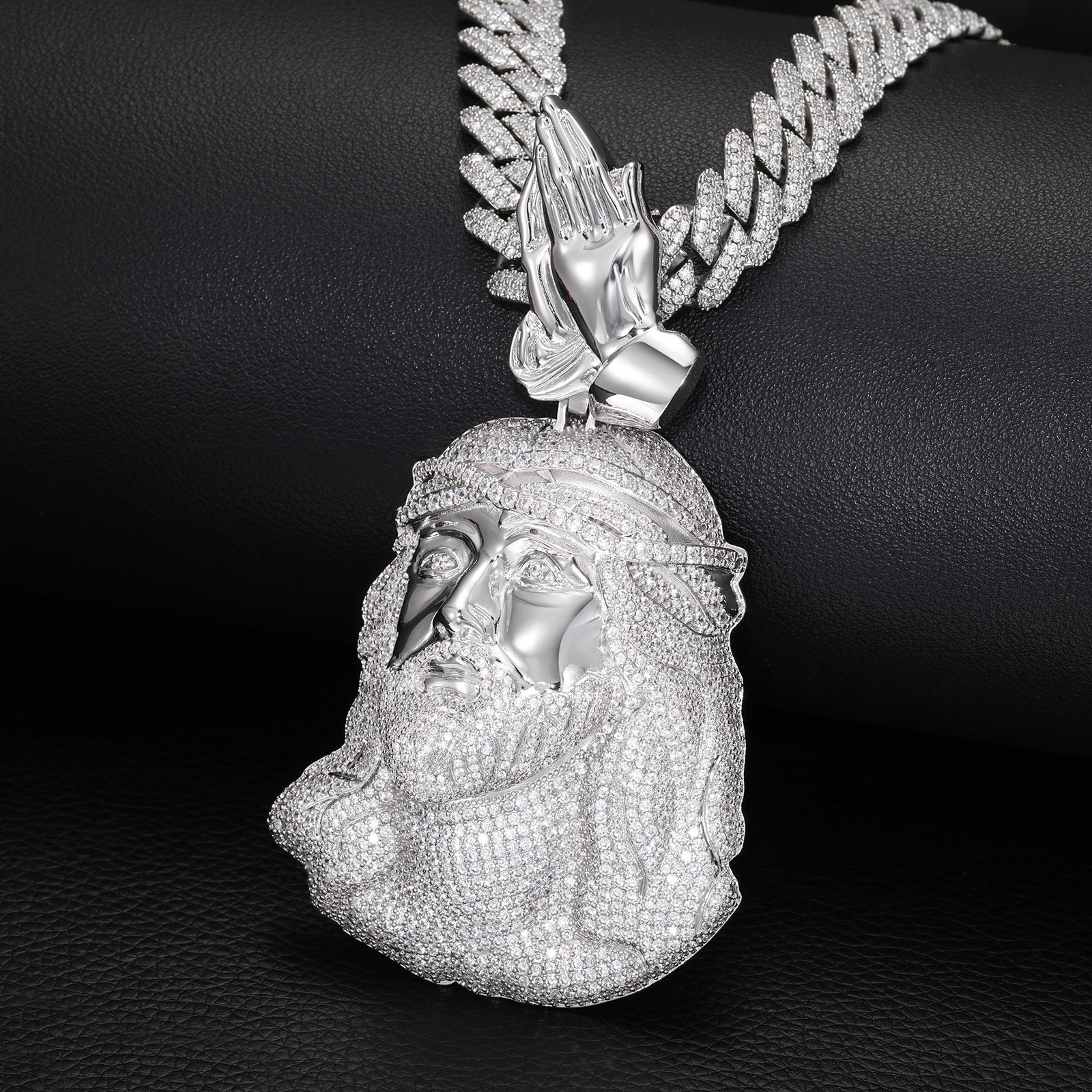 Hip Hop Praying Hands Jesus Face Pendant Necklace 5A Zircon Religious Jewelry