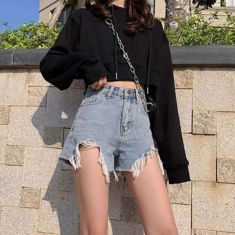 Womens Shorts Blue Short Pants For Woman To Wear Denim Wide Jeans Cotton Luxury Trend 2025 Aesthetic Outfits Clothes Elasticty