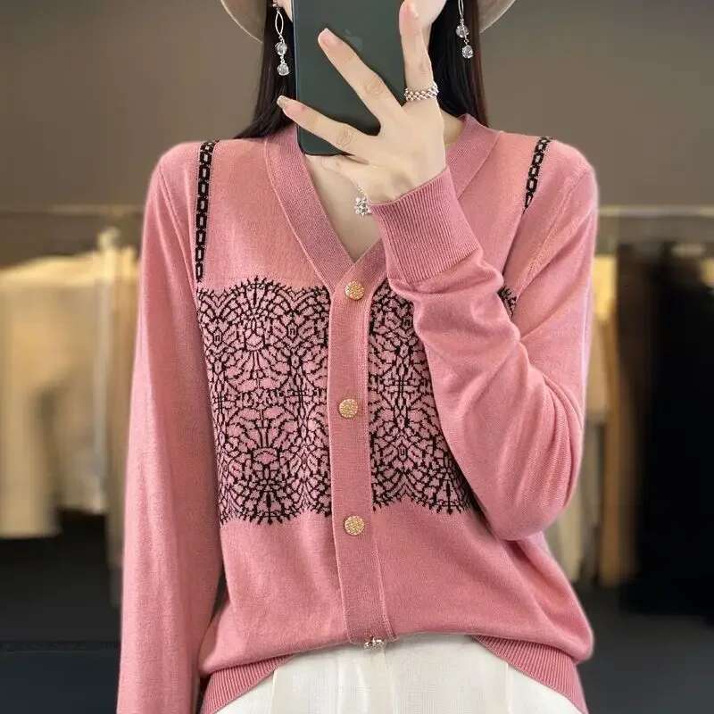 Outerwear Coat V Neck Cardigan for Women Spring Autumn Wear To Work Knitted Sweater Woman Korean Style Crochet Top Aesthetic Y2k