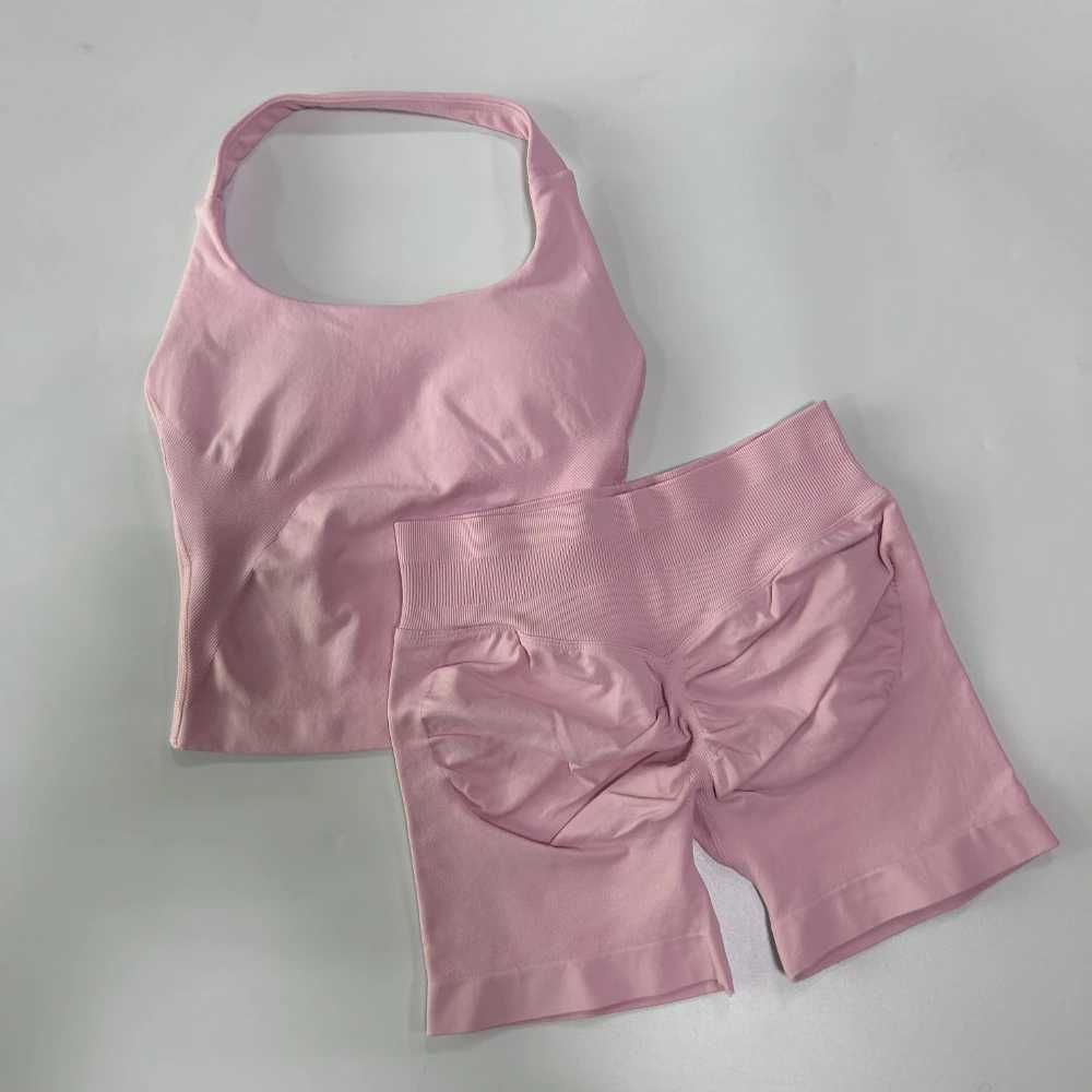 2pcs Gym Set Women Halter Tops High Waist Scrunch Seamless Shorts Clothes Activewear Workout Set Outfits Gym Suit W250617