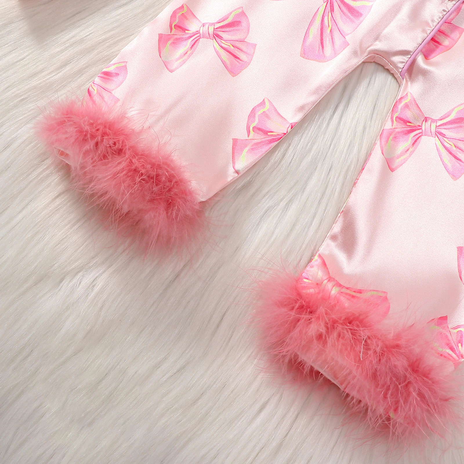 MISOWMNJOY Satin Baby Girls Pajamas Spring Long Sleeve Bow Print Furry Patchwork Button Closure Jumpsuit Sleepwear Loungewear 250617