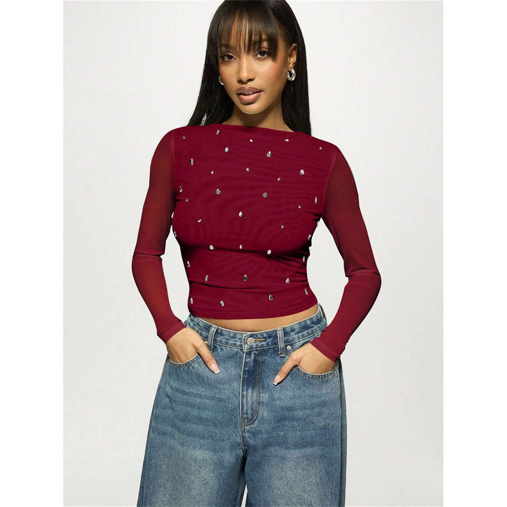 New Women's Fashion Casual Printed Slim Fit Mesh Semi-Transparent Hollow Long Sleeve T-Shirt B5