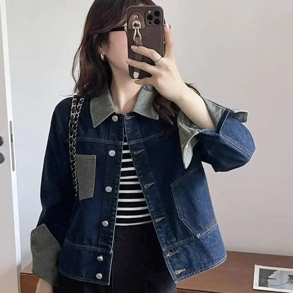 Long Sleeve Contrasting Colors Plain Cowboy Coat Woman Outerwears Outdoor Clothing Novelties Low Cost Denim Jacket for Women