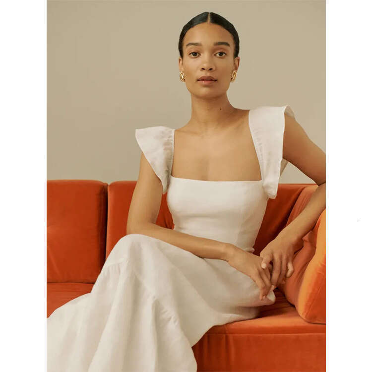 Summer Dress Womandress Designer Dresses 448 Summer New 2025 White Over-the-knee Mid-length Slim Fit Flutter Sleeve Dress French Style Womens Fashion