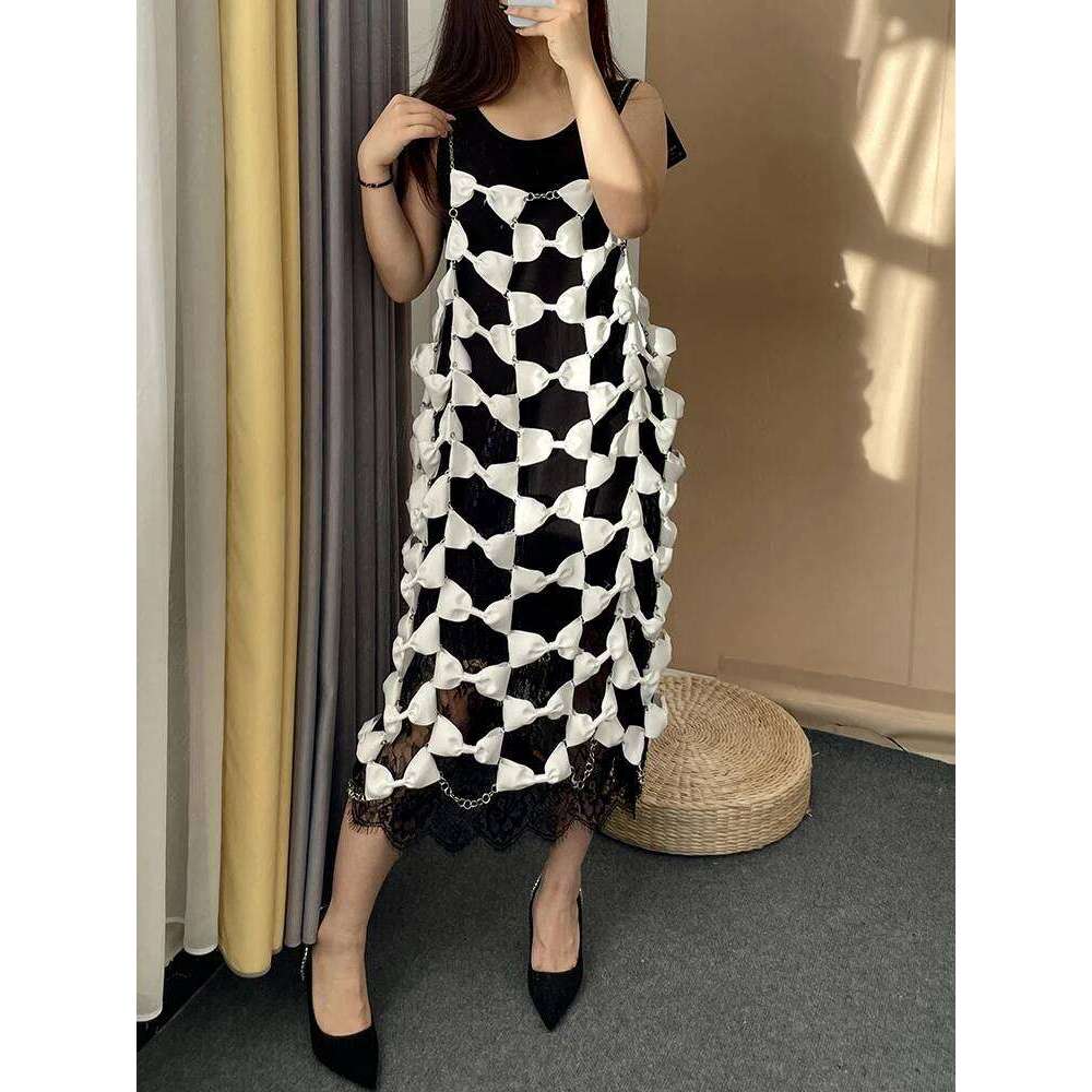 Designer Clothing 2025 Solid Hollow Out Chic Dresses For Women Camisole Sleeveless High Waist Patchwork Bowknot Minimalist Dress Female