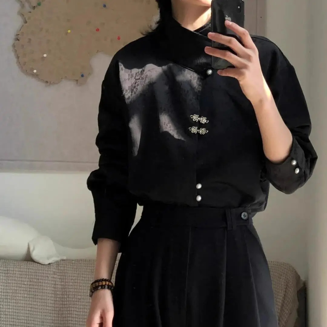 Style National Style Satin Irregular Dark Pattern Stand Collar Trendy Retro Metal Plate Button Long-sleeved Shirt for Men Women 250616