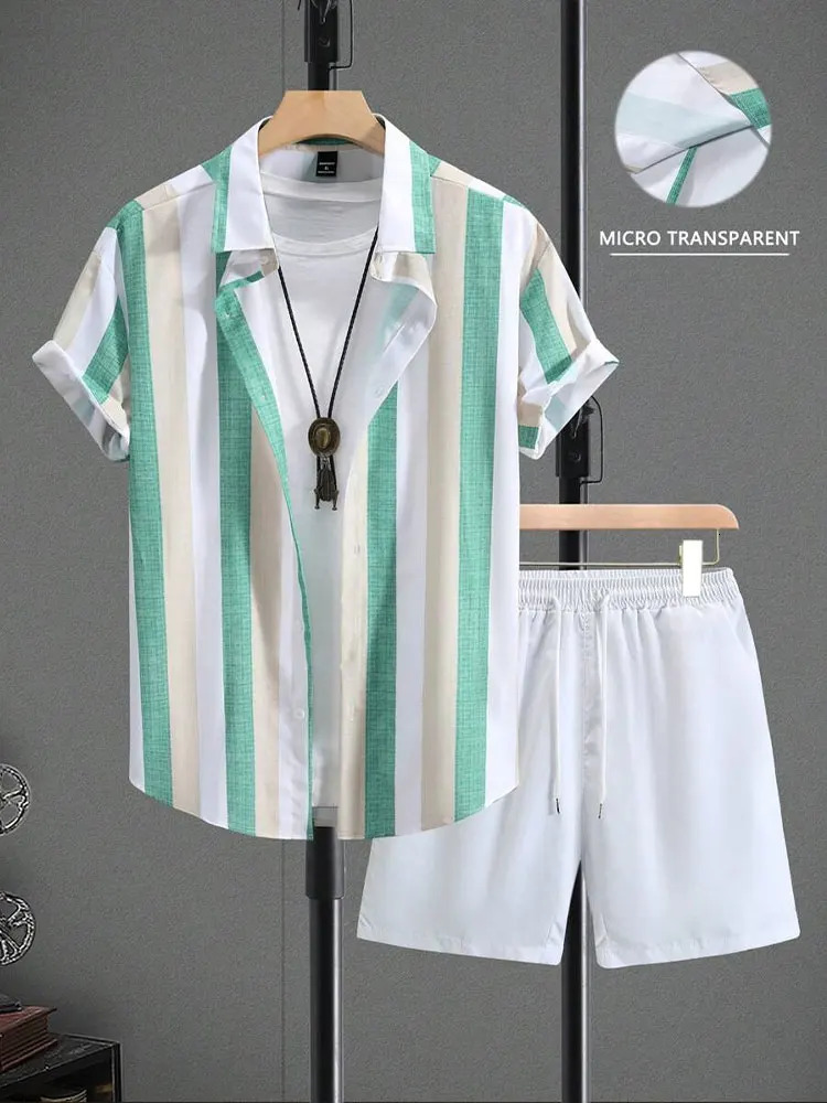Palm Leaf Print Mens Casual Shirt Hawaiian Mens Beach Shorts Summer Everyday Short-sleeved Shirt And Sports Shorts Set 250616