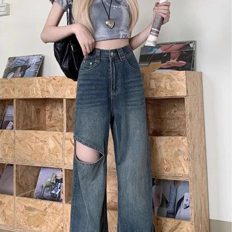 With Holes Womens Jeans Wide Leg Female Cowboy Pants on Sale Clothes Harajuku Fashion 90s Shiny Teenagers Vibrant Cool Trousers