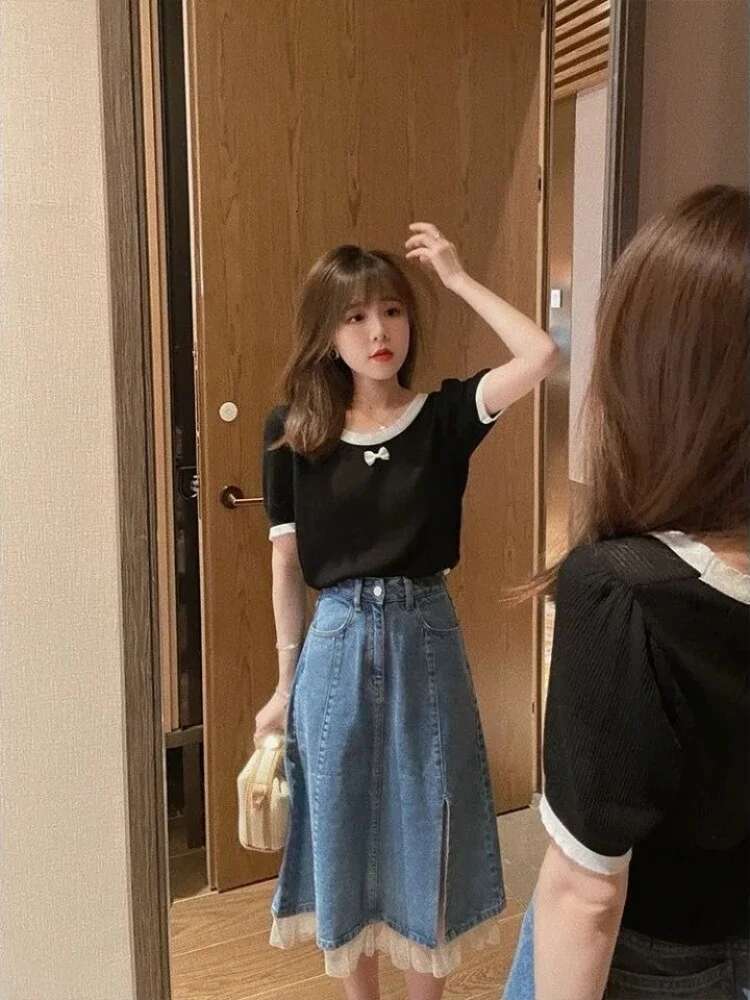With Slit Lace Splicing Woman Denim Skirt Y2k Vintage Premium New In Streetwear Chic and Elegant Modest Jeans Skirts for Women