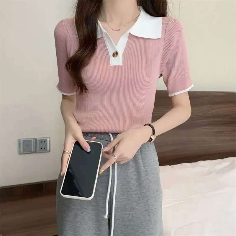 Knitted Woman Tshirt Summer Outfit Polo Neck T Shirt for Women Womens Short Sleeve T-shirt on Offer with Collar High Quality