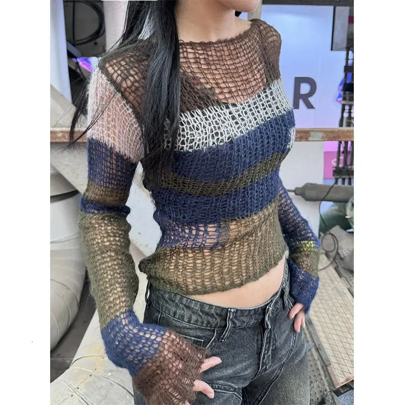 Yedinas Striped Knit Tops Vintage Grunge Hollow Out Jumpers Japanese 2000s Hole Thin Pullover Sweater Women Korean Knitwear Y2k 250614