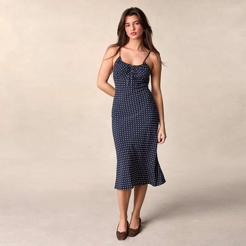 Womandress Fulllace Beach Dress Designer Dress 054 # Rayon Dark Blue Polka Dot Halter Neck Strap Dress 2025 Summer New French Style Womens Fashion