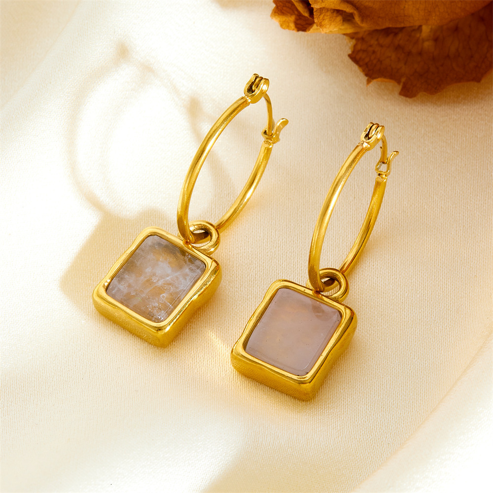Fashion Light Style Simple Elegant Versatile Square Natural Stone Earrings for Women Niche Titanium Steel Non-Fading Ear Jewelry