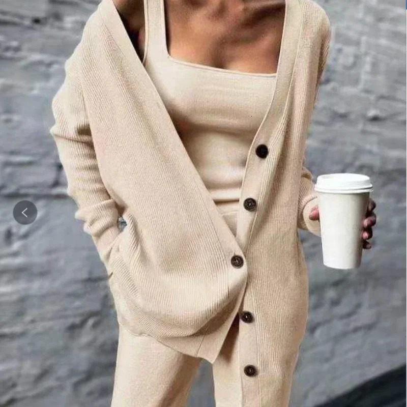 Autumn and Winter Womens Cross-border Knitting Western Womens Jacket Vest Pants Three-piece Set 250616