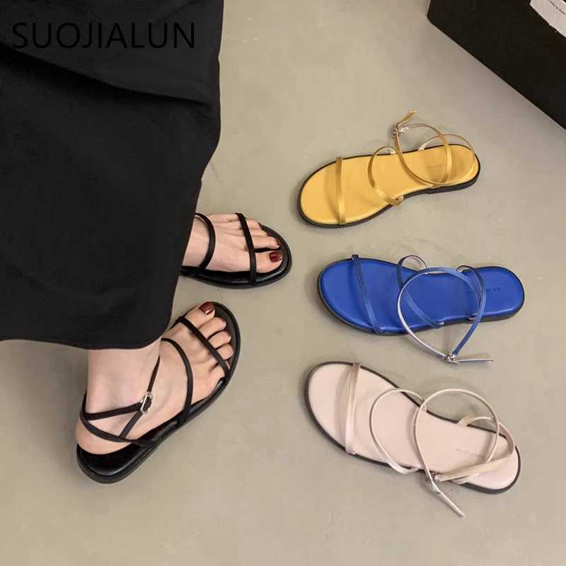 SUOJIALUN 2025 Summer New Women Sandal Fashion Yellow Narrow Band Ladies Elegant Gladiator Shoes Flat Heel Dress Slides Sandal Z250617