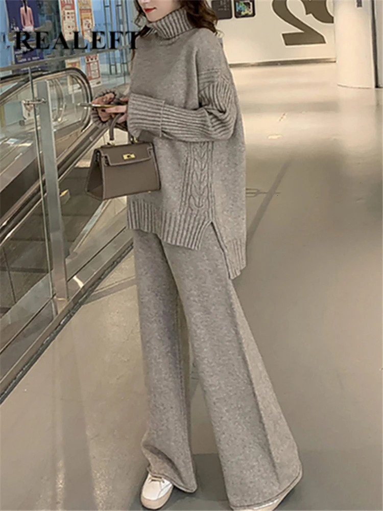 Autumn Winter 2 Pieces Women Sets Knitted Tracksuit Turtleneck Sweater and Wide Leg Jogging Pant Pullover Suits 250616