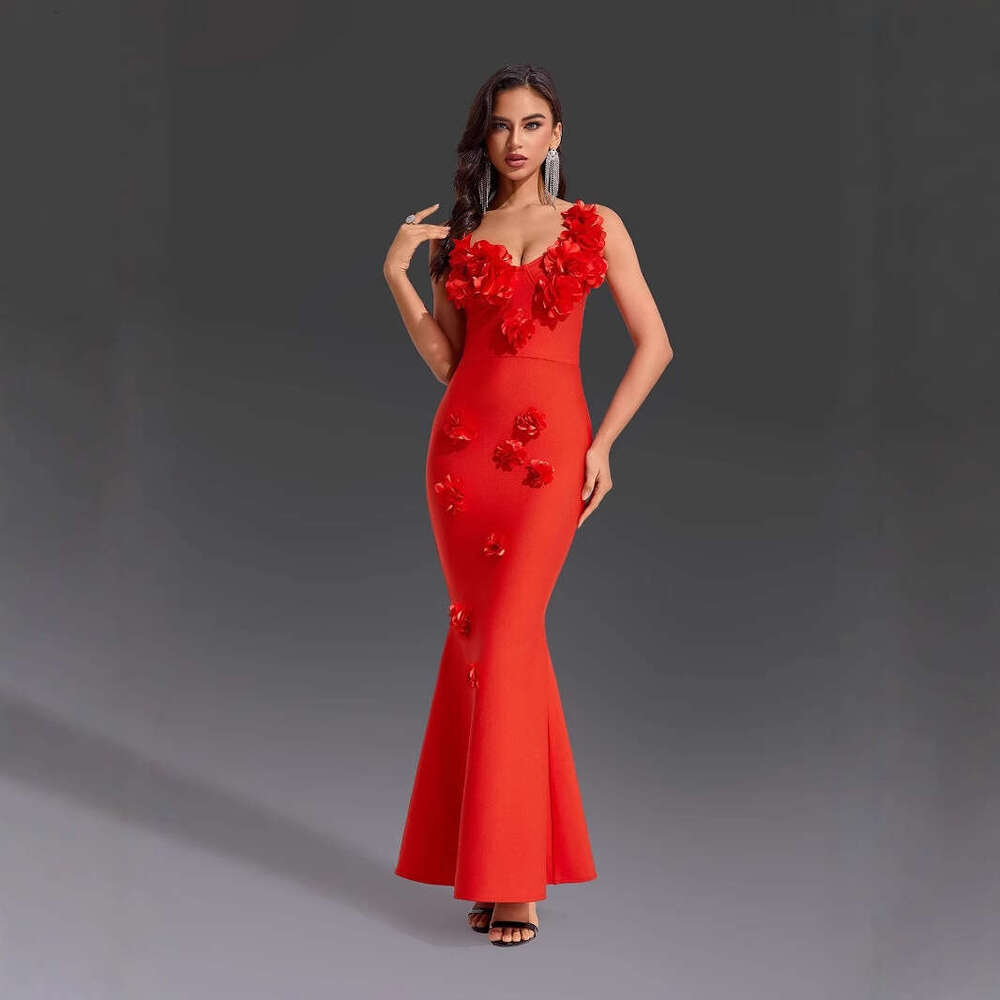 Red Strapless Floral Sexy Socialite Style Long Dress Gown