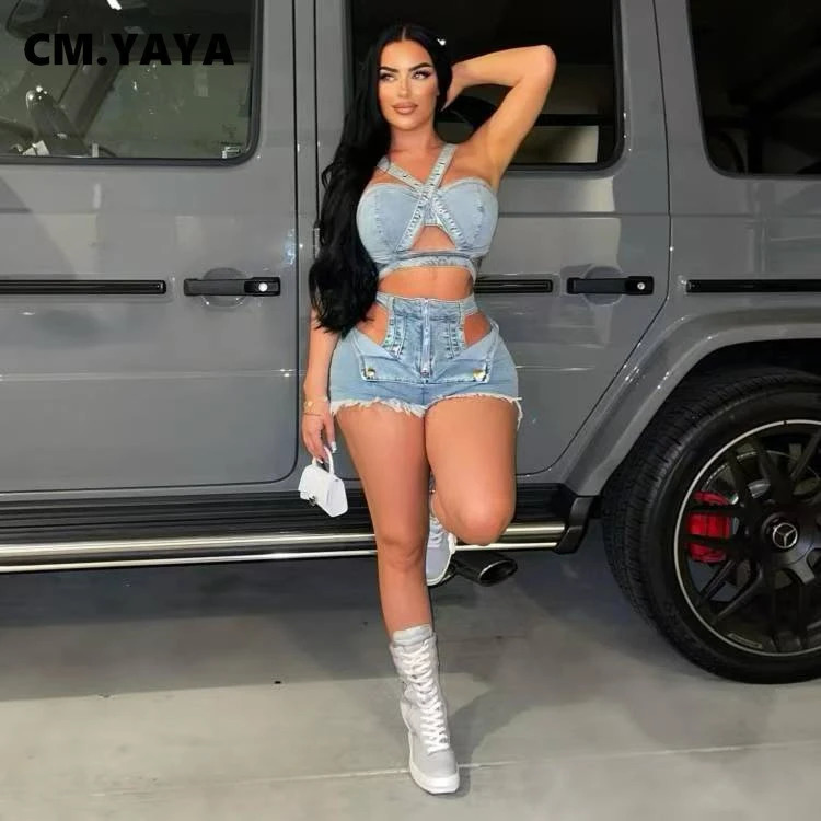 CM.YAYA Fashion Denim Cutout Womens Set Wrap Strap Crop Top and Shorts Jeans 2025 Summer Two 2 Piece Sets Outfits Tracksuit 250614