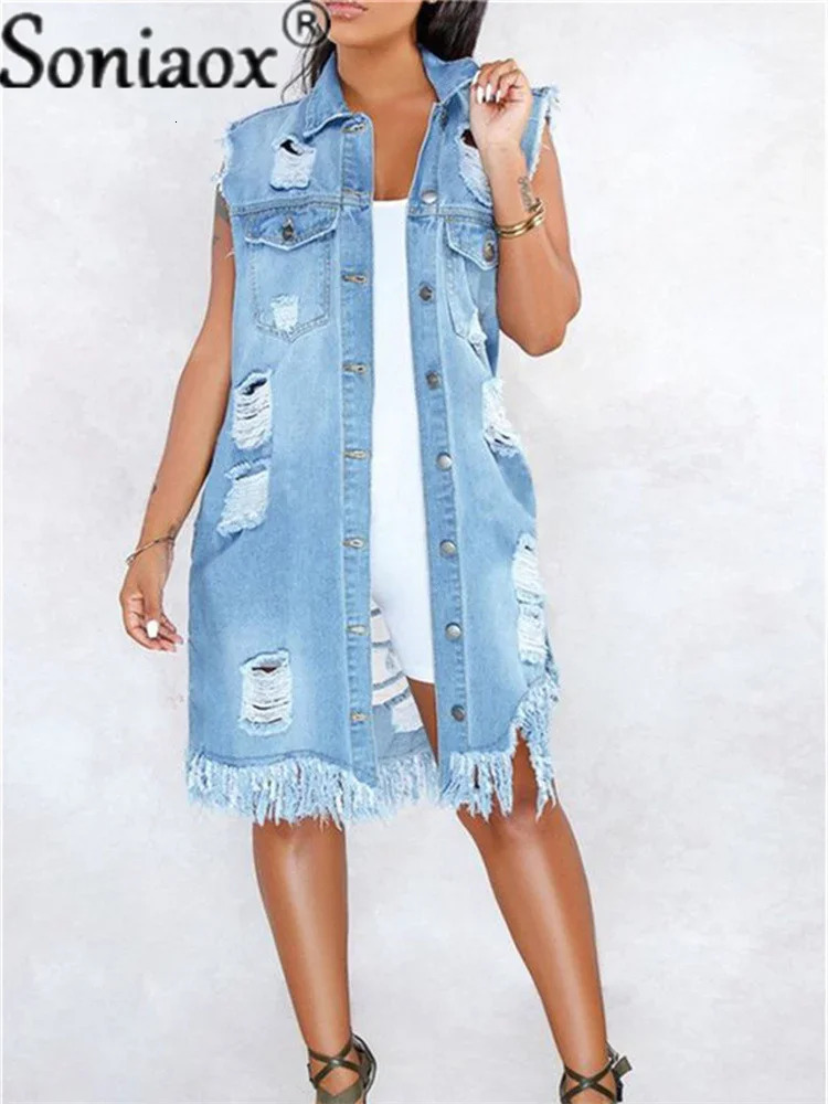 Womens Hole Patch Denim Jackets Ladies Fashion Sleeveless Ripped Distressed Denim Long Jacket Coat Outwear Women Clothing 250616