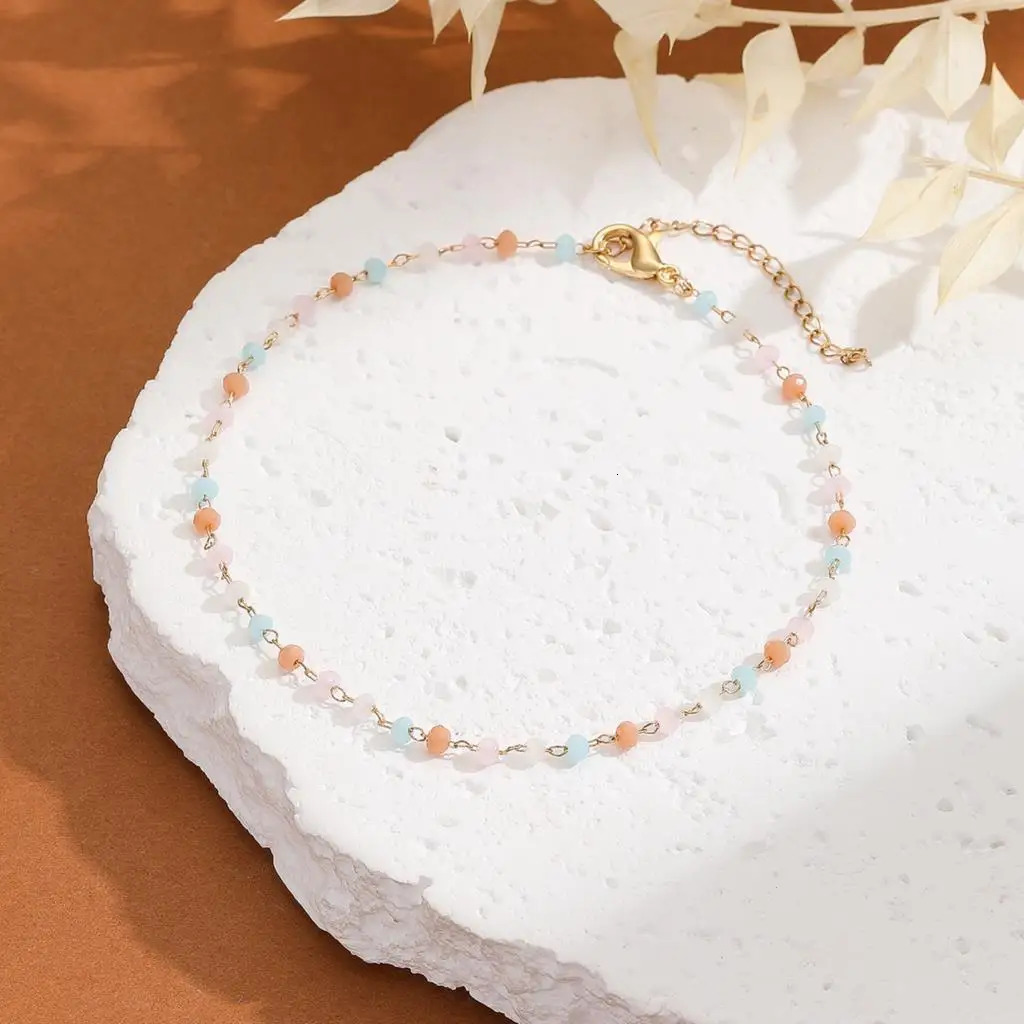 QIAMNI Summer Beach Jewelry Colorful Crystal Anklet Multicolor Stone Beads Foot Bracelets Feet Accessories Bohomia Ankle Chain 250606