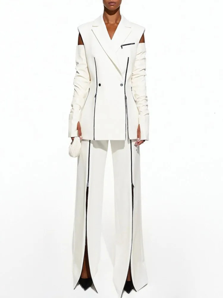 Gymystars Summer Suit Set for Women White Pants Sets Casual Contrast Color Zipper Trousers Sleeveless Shoulder Pad Vest Blazer 250612