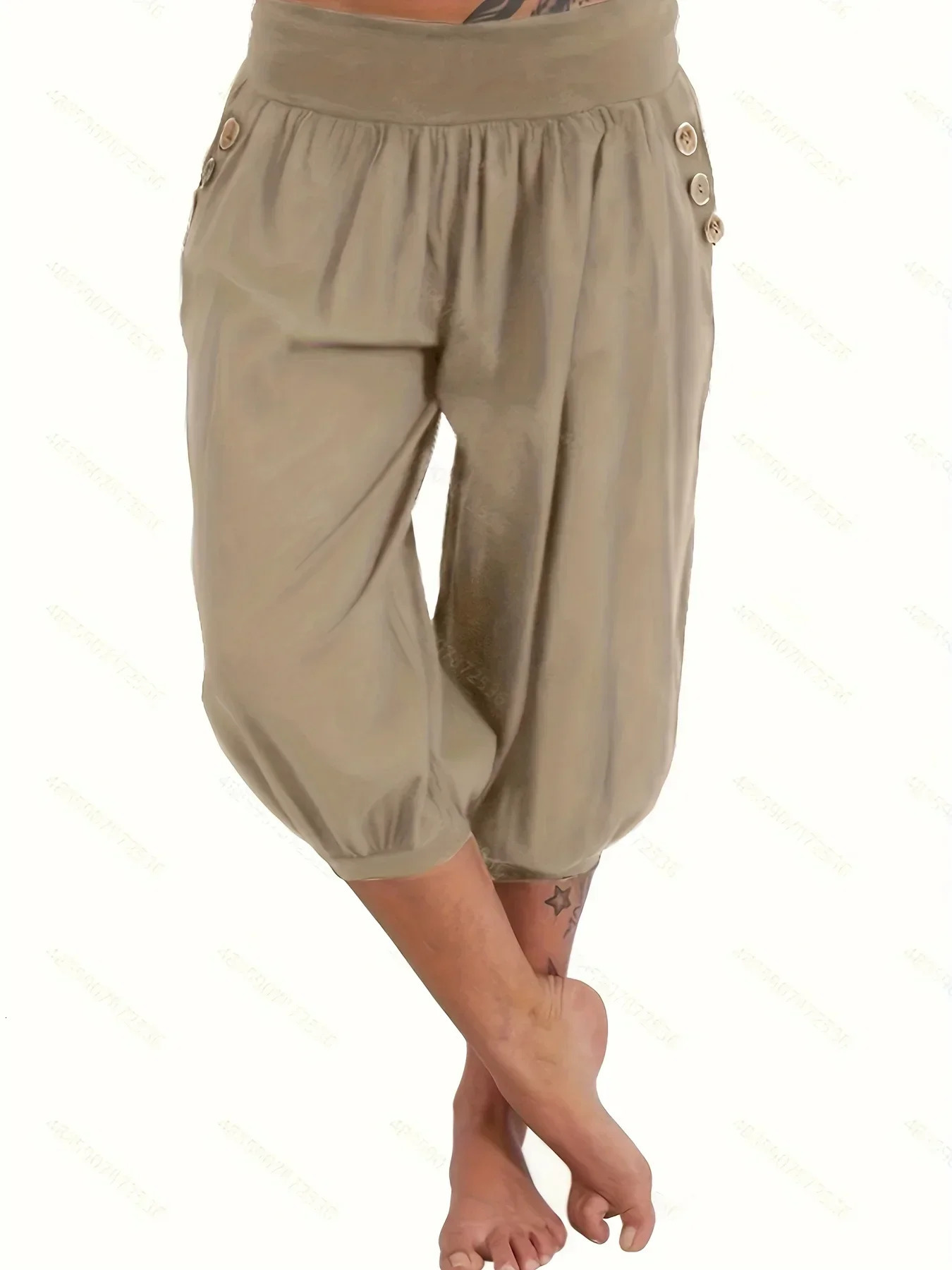 Plus Size 1XL5XL Womens Fashionable Solid Color Button Pocket Loose Cropped Pants Loose and Comfortable Casual Lantern Pants 250609